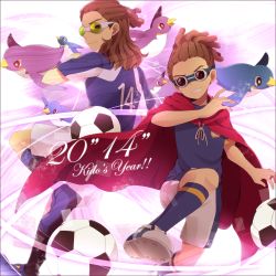 Rule 34 | 10s, 2014, 2boys, age difference, ball, bird, brown hair, cape, dual persona, english text, goggles, grin, highres, inazuma eleven, inazuma eleven (series), inazuma eleven go, inazuma japan, inazuma legend japan, kidou yuuto, looking back, male focus, multiple boys, penguin, red cape, saku anna, smile, soccer ball, soccer uniform, sportswear, telstar