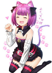 Rule 34 | 1girl, animal ears, blush, cat ears, cat tail, closed eyes, fate/grand order, fate (series), flat chest, hat, helena blavatsky (fate), highres, kemonomimi mode, open mouth, paw pose, paw print, purple hair, shiime, short hair, sketch, smile, solo, strapless, tail, thighhighs