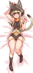 Rule 34 | 1girl, animal ears, animal hat, arm up, bed sheet, black hair, black hat, black panties, black shirt, black socks, cabbie hat, cat ears, cat girl, cat hat, cat tail, commentary, cougar (cougar1404), dakimakura (medium), from above, full body, gluteal fold, gradient hair, grey hair, hat, key (cougar1404), long hair, lying, multicolored hair, on back, open mouth, orange scarf, original, panties, red eyes, ribbed panties, ribbed shirt, ribbed socks, scarf, shirt, skindentation, sleeveless, sleeveless shirt, smile, socks, solo, streaked hair, suspenders, sweatdrop, tail, thigh strap, underwear