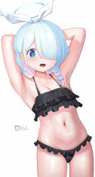 Rule 34 | alternate costume, arm up, armpits, arona (blue archive), belly, blue archive, blue eyes, blue hair, frilled swimsuit, frills, hairband, halo, highres, looking at viewer, navel, official alternate costume, sweat, swimsuit, vialle, white background, white hairband