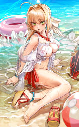 Rule 34 | 1girl, :t, ahoge, anklet, arm support, bad id, bad pixiv id, ball, barefoot, beach, beachball, bead bracelet, beads, bikini, blonde hair, blush, bracelet, braid, breasts, cleavage, closed mouth, collarbone, commentary request, criss-cross halter, day, earrings, fate/grand order, fate (series), feet, french braid, full body, green eyes, hair intakes, hair ribbon, halterneck, high heels, highres, innertube, jewelry, large breasts, long hair, looking at viewer, navel, nero claudius (fate), nero claudius (fate) (all), nero claudius (swimsuit caster) (fate), nero claudius (swimsuit caster) (third ascension) (fate), ocean, outdoors, platform footwear, pout, red bikini, revision, ribbon, sand, sandals, shoes, side-tie bikini bottom, sidelocks, single shoe, sitting, solo, striped bikini, striped clothes, swim ring, swimsuit, toes, water, white ribbon, yewang19, yokozuwari