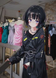 Rule 34 | 1girl, absurdres, bad id, bad twitter id, black hair, black jacket, black shirt, black skirt, chain necklace, closed mouth, cross, fingernails, gishiki (gshk), goth fashion, highres, jacket, jewelry, latin cross, long sleeves, looking at viewer, nail polish, necklace, off-shoulder jacket, off shoulder, original, photo background, purple eyes, red nails, shirt, short hair, shoulder spikes, skirt, sleeves past wrists, solo, spiked belt, spikes
