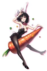 Rule 34 | 1girl, :d, alternate costume, animal ears, arched back, artist name, bad id, bad pixiv id, bare shoulders, between legs, black footwear, black hair, black pantyhose, bow, bowtie, card, carrot, clover, coin, detached collar, fishnet pantyhose, fishnets, four-leaf clover, full body, hair between eyes, hand up, high heels, highres, inaba tewi, jewelry, leotard, looking at viewer, melon3, necklace, open mouth, oversized object, pantyhose, pendant, playboy bunny, rabbit ears, rabbit girl, rabbit tail, red bow, red eyes, ribbon-trimmed sleeves, ribbon trim, riding, shoes, short hair, simple background, smile, solo, sweatdrop, tail, touhou, transparent background, white background, wrist cuffs