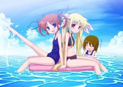 Rule 34 | 3girls, bikini, blonde hair, blue eyes, blush, brown hair, cloud, day, closed eyes, fate testarossa, long hair, lyrical nanoha, mahou shoujo lyrical nanoha, mahou shoujo lyrical nanoha a&#039;s, multiple girls, navel, one-piece swimsuit, ootaka narumi, open mouth, outdoors, partially submerged, red eyes, school swimsuit, short hair, short twintails, sky, smile, swimsuit, takamachi nanoha, translation request, twintails, water, yagami hayate