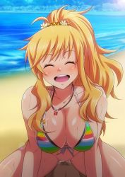 Rule 34 | 1boy, 1girl, bad id, bad pixiv id, beach, bikini, bikini top only, blonde hair, bottomless, breasts, cleavage, closed eyes, collarbone, commentary request, cowgirl position, cum, cum in pussy, day, front-tie top, happy sex, hetero, highres, idolmaster, idolmaster cinderella girls, jewelry, large breasts, long hair, motion lines, necklace, o-ring, o-ring top, ocean, ohtsuki yui, pov, pov crotch, pubic hair, rainbow bikini, sex, sidelocks, solo focus, sparkle, straddling, striped bikini, striped bikini top, striped clothes, sweat, swimsuit, tanuki (metaltanuki), vaginal