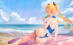 Rule 34 | 1girl, ass, azur lane, back, bad id, bad pixiv id, barefoot, beach, black ribbon, blonde hair, blue eyes, blue one-piece swimsuit, blue sky, car, cirilla lin, cloud, commentary, day, dead or alive, feet, food, frilled swimsuit, frills, from behind, hair between eyes, hair ribbon, highres, long hair, looking at viewer, lounging, marie rose, marie rose (devilish servant against the splashing waves), motor vehicle, ocean, on vehicle, one-piece swimsuit, outdoors, popsicle, ribbon, sand, scenery, sky, soles, solo, sunlight, swimsuit, thigh strap, thighs, twintails, water