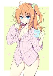 Rule 34 | 1girl, artist request, blue eyes, blue shirt, blush, bottomless, breasts, brown hair, brushing teeth, character request, collarbone, cup, heart, holding, long hair, long sleeves, looking at viewer, milk, mug, pajamas, pink shirt, rabbit, scrunchie, shirt, side ponytail, small breasts, standing, striped clothes, striped shirt, toothbrush, yellow background