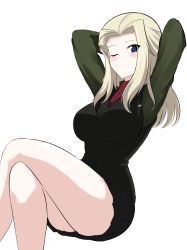 Rule 34 | 1girl, absurdres, aikir (jml5160), arms behind head, arms up, black skirt, black vest, blonde hair, blue eyes, clara (girls und panzer), closed mouth, commentary, girls und panzer, green jacket, highres, invisible chair, jacket, crossed legs, light frown, long hair, long sleeves, looking at viewer, military, military uniform, miniskirt, one eye closed, pravda military uniform, red shirt, shirt, simple background, sitting, skirt, solo, turtleneck, uniform, vest, white background