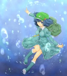 Rule 34 | 1girl, araco, backpack, bag, blue eyes, blue hair, boots, breasts, bubble, female focus, hair bobbles, hair ornament, hat, kawashiro nitori, key, large breasts, looking at viewer, matching hair/eyes, pocket, rubber boots, shirt, skirt, smile, solo, touhou, twintails, two side up, underwater