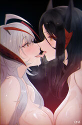 Rule 34 | 2girls, alternate hair length, alternate hairstyle, antenna hair, arknights, black background, black hair, blush, breast press, breasts, commentary request, completely nude, elsi, eye contact, french kiss, from side, gradient background, gradient hair, grey hair, highres, horns, ines (arknights), kiss, korean commentary, large breasts, looking at another, multicolored hair, multiple girls, nude, open mouth, orange eyes, profile, red background, red eyes, red hair, saliva, saliva trail, steaming body, symmetrical docking, two-tone hair, upper body, w (arknights), yuri