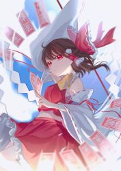 Rule 34 | 1girl, ahoge, arm up, ascot, bandages, bare shoulders, blue background, bow, breasts, brown hair, closed mouth, collared shirt, commentary request, detached sleeves, frills, gohei, gradient background, hair between eyes, hair ornament, hair tubes, hakurei reimu, hands up, highres, long sleeves, looking at viewer, medium breasts, ofuda, red bow, red eyes, red shirt, red skirt, sarashi, shirt, short hair, skirt, smile, solo, touhou, white background, wide sleeves, yellow ascot, yomogi 9392