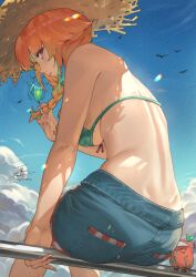 Rule 34 | 1girl, ass, back, bikini, blue sky, braid, breasts, cloud, day, earrings, fadingz, feather earrings, feathers, from behind, hat, highres, hololive, hololive english, jewelry, kotori (takanashi kiara), large breasts, looking at viewer, looking back, multicolored hair, official alternate costume, orange hair, purple eyes, shorts, sideboob, signature, sky, solo, straw hat, swimsuit, takanashi kiara, takanashi kiara (casual), twin braids, virtual youtuber