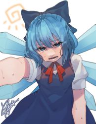 Rule 34 | 1girl, blue bow, blue dress, blue eyes, blue hair, blush, bow, buttons, cirno, commentary request, detached wings, dress, hair bow, hot, ice, ice wings, looking at viewer, neck ribbon, open mouth, prat rat, reaching, reaching towards viewer, red ribbon, ribbon, shirt, short hair, short sleeves, signature, simple background, sleeveless, sleeveless dress, solo, sun symbol, sweat, swirl, touhou, white background, white shirt, wings