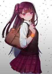 Rule 34 | 1girl, :&lt;, alternate costume, bad id, bad pixiv id, blunt bangs, blush, closed mouth, cowboy shot, from side, girls&#039; frontline, gradient background, hanato (seonoaiko), hand up, long hair, looking at viewer, one side up, plaid, plaid skirt, purple eyes, purple hair, purple skirt, school uniform, skirt, sleeves rolled up, solo, sweater vest, tsurime, wa2000 (girls&#039; frontline)