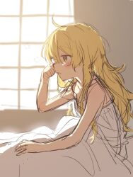 Rule 34 | 1girl, ahoge, alternate costume, backlighting, bad id, bad twitter id, bed, blanket, blonde hair, blush, grey shirt, hair between eyes, hand on own face, hand up, highres, indoors, jill 07km, kirisame marisa, light, long hair, looking to the side, no headwear, open mouth, pajamas, pillow, shadow, shirt, sitting, sleeveless, sleeveless shirt, solo, t-shirt, touhou, under covers, wall, window, yellow eyes