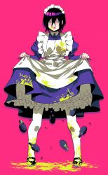 Rule 34 | 1girl, apron, black footwear, black hair, blush, chainsaw man, clothes lift, dress, dress lift, explosive, full body, green eyes, grenade, grenade pin, hair between eyes, highres, kanitumuri, long sleeves, looking at viewer, maid, maid apron, maid headdress, pink background, reze (chainsaw man), short hair, simple background, solo, standing, stylized blood, thighhighs, tongue, tongue out