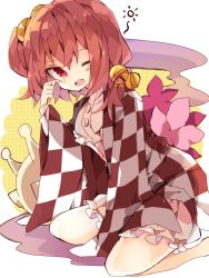 Rule 34 | 1girl, ;o, bell, between legs, blush, checkered clothes, checkered shirt, clenched hand, commentary, dress, flower, foot out of frame, frilled dress, frills, hair bell, hair ornament, hand between legs, hand up, highres, long sleeves, looking at viewer, medium hair, motoori kosuzu, nikorashi-ka, one-hour drawing challenge, one eye closed, one side up, open clothes, open mouth, open shirt, orange hair, purple flower, red eyes, red shirt, seiza, shirt, sitting, slug, solo, sun, tearing up, teeth, touhou, two-tone shirt, white dress, white shirt, wide sleeves