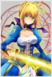Rule 34 | 1girl, ahoge, akishima kei, artoria pendragon (fate), bad id, bad pixiv id, blonde hair, breasts, cleavage, dress, excalibur (fate/stay night), fate/stay night, fate (series), glowing, glowing sword, glowing weapon, green eyes, hair ribbon, large breasts, ribbon, saber (fate), solo, sword, weapon
