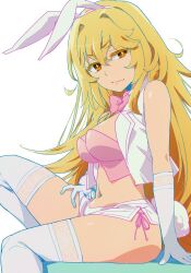 Rule 34 | 1girl, animal ears, blonde hair, bow, bowtie, breasts, brown eyes, closed mouth, commentary request, cropped vest, elbow gloves, fake animal ears, fake tail, from side, gloves, hair between eyes, hairu, large breasts, leotard, light smile, long hair, looking at viewer, looking to the side, navel, nontraditional playboy bunny, pink bow, pink bowtie, playboy bunny, rabbit ears, rabbit tail, shokuhou misaki, short shorts, shorts, solo, spider web print, star-shaped pupils, star (symbol), symbol-shaped pupils, tail, thighhighs, toaru kagaku no mental out, toaru kagaku no railgun, toaru majutsu no index, very long hair, vest, white background, white gloves, white thighhighs, white vest