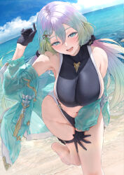 Rule 34 | 1girl, akita hika, aqua eyes, armpits, black gloves, blush, breasts, commentary request, cupitan (granblue fantasy), cupitan (summer) (granblue fantasy), gloves, gradient hair, granblue fantasy, green hair, hair ornament, hand up, highres, large breasts, long hair, long sleeves, looking at viewer, multicolored hair, navel, ocean, open mouth, outdoors, see-through, see-through sleeves, sideboob, smile, thigh strap, water
