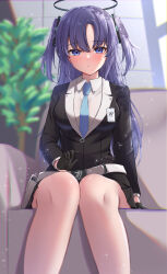 Rule 34 | 1girl, absurdres, black gloves, black jacket, black skirt, blue archive, blue eyes, blue necktie, blurry, blurry background, blush, breasts, collared shirt, commentary, depth of field, feet out of frame, gloves, half gloves, halo, highres, jacket, long hair, long sleeves, looking at viewer, medium breasts, necktie, neko punch (user hddm3373), parted bangs, parted lips, pleated skirt, purple hair, shirt, skirt, solo, two side up, very long hair, white shirt, yuuka (blue archive)