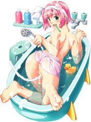 Rule 34 | 1girl, absurdres, ass, bad anatomy, bad feet, barefoot, bath stool, bathing, bathtub, feet, from above, from behind, green eyes, highres, kuuchuu yousai, looking back, original, pink hair, poorly drawn, rubber duck, scan, sexually suggestive, short hair, shower head, smile, soles, solo, stool, toes, toothbrush, topless, towel