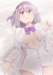 Rule 34 | 1girl, arigiep, bad id, bad pixiv id, blush, bottomless, bow, bowtie, breasts, breasts apart, collared shirt, gridman universe, highres, large breasts, light purple hair, long sleeves, looking at viewer, lying, on back, open clothes, open shirt, pussy, pussy peek, red eyes, shinjou akane, shirt, short hair, smile, solo, ssss.gridman, white shirt
