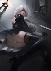 Rule 34 | 1girl, 2b (nier:automata), arm support, ass, back cutout, backless dress, backless outfit, black dress, black footwear, black hairband, black ribbon, black thighhighs, blindfold, boots, breasts, brown thighhighs, clothing cutout, covered eyes, cowboy shot, dress, drone, feather-trimmed sleeves, feather trim, floating, hair over eyes, hairband, high heel boots, high heels, highleg, highleg leotard, highres, juliet sleeves, katana, legs together, leotard, light rays, long sleeves, lying, machinery, medium breasts, nier:automata, nier (series), no mole, on floor, on side, parted lips, pink lips, pod (nier:automata), puffy sleeves, ribbed dress, ribbon, robot, short dress, short hair, side slit, silver hair, solo, sunbeam, sunlight, sword, thigh boots, thighhighs, thong, thong leotard, turewindwalker, vambraces, weapon, white leotard