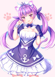 Rule 34 | 1girl, :d, anchor, anchor symbol, animal ear fluff, animal ears, blue bow, blue dress, blue hair, blue nails, blue ribbon, blush, bow, breasts, brown background, cat ears, cat girl, cat tail, colored inner hair, cowboy shot, dress, fang, frilled dress, frills, hair ribbon, hands up, head tilt, highres, hololive, kemonomimi mode, long hair, looking at viewer, medium breasts, minato aqua, minato aqua (1st costume), multicolored hair, nail polish, open mouth, puffy short sleeves, puffy sleeves, purple eyes, purple hair, ribbon, short sleeves, simple background, smile, solo, tail, twintails, two-tone hair, very long hair, virtual youtuber, white bow, wrist cuffs, yuano