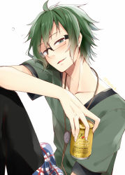 Rule 34 | 1boy, alcohol, beer, beer can, black pants, blush, bolo tie, can, clothes around waist, collarbone, drink can, drunk, elbow on knee, glasses, green eyes, green hair, green shirt, hazuki natsu, holding, holding can, idolish7, knee up, looking at viewer, male focus, nikaido yamato, pants, parted lips, plaid, plaid shirt, rimless eyewear, shirt, shirt around waist, short sleeves, sitting, smile, solo, twitter username