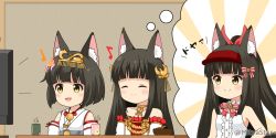 Rule 34 | 2girls, :d, ^ ^, animal ear fluff, animal ears, azur lane, bare shoulders, black hair, blush, bow, center frills, closed eyes, closed mouth, commentary request, cup, detached sleeves, dress, eighth note, flat screen tv, fox ears, frills, hair bow, hair ornament, hair ribbon, headpiece, high ponytail, imagining, japanese clothes, kimono, long hair, mitya, multiple girls, musical note, mutsu (azur lane), nagato (azur lane), open mouth, pleated dress, ponytail, quarter note, red dress, red headwear, red ribbon, ribbon, shirt, short hair, sleeveless, sleeveless kimono, sleeveless shirt, smile, strapless, strapless dress, striped, striped bow, sunburst, sunburst background, television, twitter username, v-shaped eyebrows, visor cap, white kimono, white shirt, white sleeves, yellow eyes, yunomi