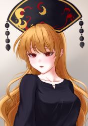 Rule 34 | 1girl, black dress, black hat, blush, breasts, brown hair, collarbone, crescent, dress, eyes visible through hair, gradient background, grey background, hair between eyes, hat, junko (touhou), light brown hair, long hair, long sleeves, looking to the side, medium breasts, open mouth, phoenix crown, pom pom (clothes), red eyes, riria (liry a flower), solo, tongue, touhou
