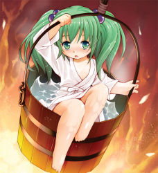 Rule 34 | 1girl, bare legs, barefoot, blush, bucket, female focus, flat chest, green eyes, green hair, hair bobbles, hair ornament, in bucket, in container, japanese clothes, kimono, kisume, looking at viewer, matching hair/eyes, open mouth, seminoyu, solo, touhou, twintails, water, wet, wet clothes, yukata
