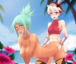 Rule 34 | 2girls, abs, animal, animal on head, aqua hair, aqua lips, ass, bad id, bad pixiv id, bare shoulders, beach, bent over, bird, bird on head, black hair, blush, breasts, butt crack, cerebella (skullgirls), chinese clothes, clothed female nude female, clothed sex, crop top, dark-skinned female, dark skin, dildo, doggystyle, earrings, eyeliner, eyeshadow, female focus, feng (skullgirls), flower, jewelry, large breasts, lipstick, makeup, midriff, multicolored hair, multiple girls, muscular, muscular female, nipples, nude, ocean, on head, open mouth, ponytail, purple eyes, purple mii, saliva, sex, sex from behind, sex toy, short hair, skullgirls, small breasts, strap-on, thighhighs, two-tone hair, vambraces, water, white hair, yuri