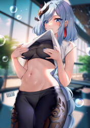 Rule 34 | 1girl, air bubble, bare arms, black pants, blue eyes, blue hair, blue nails, blurry, blurry background, blush, breasts, bubble, clothes lift, commentary, cowboy shot, crop top, english commentary, genshin impact, groin, hair ornament, highres, indoors, large breasts, leggings, lifting own clothes, long hair, midriff, mouth hold, nail polish, navel, pants, shenhe (genshin impact), shirt, shirt lift, solo, squchan, standing, stomach, thighs, very long hair, white shirt