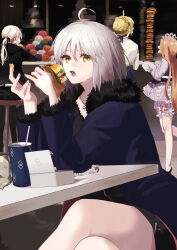 Rule 34 | 4girls, abigail williams (fate), abigail williams (festival outfit) (fate), absurdres, ahoge, artoria pendragon (all), artoria pendragon (fate), black coat, black dress, black jacket, black ribbon, blonde hair, blue ribbon, blue skirt, braid, burger, coat, commentary, crossed legs, dress, eating, fate/grand order, fate (series), fingernails, food, food on face, french braid, fur-trimmed coat, fur-trimmed sleeves, fur trim, hair between eyes, hair ribbon, highres, holding, holding food, indoors, jacket, jeanne d&#039;arc alter (fate), jeanne d&#039;arc alter (ver. shinjuku 1999) (fate), jewelry, long hair, long sleeves, looking at viewer, multiple girls, nainairo323, necklace, official alternate costume, open clothes, open coat, ponytail, ribbon, saber (fate), saber alter, saber alter (ver. shinjuku 1999) (fate), shirt, short hair, sitting, skirt, sleeves past fingers, sleeves past wrists, standing, standing on one leg, symbol-only commentary, table, two-tone dress, very long hair, white dress, white hair, white shirt, yellow eyes