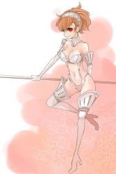 Rule 34 | 1girl, armor, atlus, bad id, bad pixiv id, breasts, brown eyes, brown hair, cleavage, female focus, full body, high-cut armor (persona), medium breasts, persona, persona 3, persona 3 portable, polearm, sayu030b, shiomi kotone, solo, spear, weapon