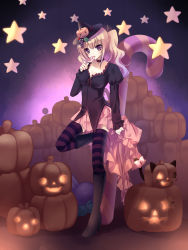 Rule 34 | 1girl, absurdres, blonde hair, boots, breasts, candy, candy cane, choker, food, food-themed clothes, food-themed hair ornament, food as clothes, fruit, grapes, hair ornament, halloween, hat, high heels, highres, jack-o&#039;-lantern, leg lift, lollipop, medium breasts, nana mikoto, original, pumpkin, pumpkin hair ornament, purple eyes, saliva, shoes, solo, star (symbol), striped clothes, striped thighhighs, swirl lollipop, thighhighs, twintails, witch hat