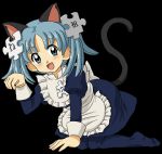 Rule 34 | 1girl, all fours, animal ears, blue eyes, blue hair, cat ears, cat tail, eyebrows, full body, highres, kasuga (kasuga39), maid, matching hair/eyes, pantyhose, paw pose, short hair, solo, tail, transparent background, twintails, wikipe-tan, wikipedia