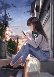Rule 34 | 1girl, anklet, bag, black footwear, black hair, blosue, blouse, blue pants, blush, cellphone, cloud, food, from side, headphones, headphones around neck, highres, holding, holding food, jewelry, long hair, looking at phone, original, outdoors, pants, phone, power lines, road sign, screen light, shirt, shoes, shopping bag, sidelocks, sign, sitting, smartphone, sneakers, solo, stairs, sunlight, sunset, superpig, tree, white shirt