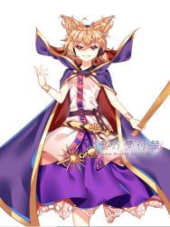 Rule 34 | &gt;:), 1girl, belt, binan xian lu, blonde hair, blouse, bracelet, breasts, cape, chinese commentary, commentary request, earmuffs, feet out of frame, grin, hair between eyes, hand up, high collar, holding, jewelry, looking at viewer, medium breasts, petticoat, pointy hair, purple cape, purple skirt, ritual baton, shirt, short hair, simple background, skirt, sleeveless, sleeveless shirt, smile, solo, standing, touhou, toyosatomimi no miko, v-shaped eyebrows, white background, yellow eyes