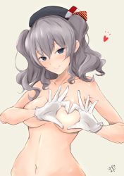 Rule 34 | 1girl, beret, blue eyes, blush, breasts, brown background, collarbone, gloves, hat, hazuki futahi, heart-shaped boob challenge, kantai collection, kashima (kancolle), large breasts, long hair, looking at viewer, navel, nude, sidelocks, signature, silver hair, simple background, smile, solo, stomach, tsurime, twintails, wavy hair, white gloves