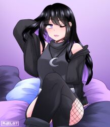 Rule 34 | 1girl, black hair, blush, crossed legs, goth fashion, jewelry, long hair, moon necklace, necklace, one eye closed, r4el07, raven (r4el07), solo, tongue, tongue out, wink