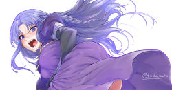 Rule 34 | 1girl, blue eyes, blue hair, blush, breasts, medea (fate), dress, elbow gloves, embarrassed, fate/stay night, fate (series), gloves, long hair, open mouth, sweat, torichamaru, twitter username, very long hair, white background, wind, wind lift