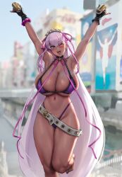Rule 34 | 1girl, armpits, arms up, barefoot, bb (fate), bb (fate) (all), bb (swimsuit mooncancer) (fate), bb (swimsuit mooncancer) (second ascension) (fate), belt, bikini, black gloves, blurry, blurry background, blush, breasts, cleavage, commentary, day, earrings, english commentary, eu03, fate/grand order, fate (series), fingerless gloves, gloves, hair between eyes, highleg, highleg bikini, huge breasts, jewelry, nail polish, one eye closed, open mouth, outdoors, pink ribbon, purple bikini, purple nails, ribbon, skindentation, solo, standing, standing on one leg, star (symbol), star earrings, swimsuit, teeth, thighs, toenail polish, toenails, underboob, upper teeth only, v-shaped eyebrows, white belt
