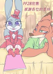 Rule 34 | 1boy, 1girl, absurdres, artist request, chinese text, dress, furry, hat, highres, judy hopps, nick wilde, open mouth, purple eyes, zootopia