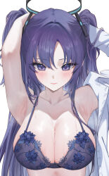 Rule 34 | 1girl, armpits, blue archive, blush, bra, breasts, cleavage, closed mouth, collarbone, commentary, hair between eyes, halo, highres, large breasts, lichiko, long hair, mechanical halo, purple bra, purple eyes, purple hair, revision, shirt, simple background, solo, sweat, two side up, underwear, upper body, white background, white shirt, yuuka (blue archive)