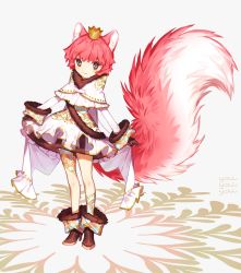 Rule 34 | 1girl, animal ears, artist name, bad id, bad pixiv id, blush, boots, brown eyes, brown footwear, brown gloves, closed mouth, crown, dress, fur-trimmed dress, fur trim, gloves, grey background, high heel boots, high heels, highres, large tail, leaning to the side, long sleeves, looking at viewer, mini crown, original, red hair, short dress, short hair, smile, solo, squirrel ears, squirrel girl, squirrel tail, standing, tail, tattoo, white dress, yai (hachihito)