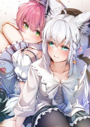 2girls ahoge animal_ear_fluff animal_ears back-to-back blush braid breasts cleavage commentary_request earrings extra_ears fox_ears fox_girl fox_tail green_eyes green_skirt hair_between_eyes highres hololive imo_bouya jewelry long_hair looking_at_another medium_breasts multiple_girls pantyhose pink_hair sakura_miko sakura_miko_(street) shirakami_fubuki shirakami_fubuki_(street) shirt sidelocks single_braid skirt smile tail virtual_youtuber white_hair white_shirt