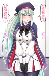 Rule 34 | 1girl, alternate costume, artoria caster (fate), artoria caster (fate) (cosplay), artoria caster (second ascension) (fate), artoria pendragon (fate), between legs, black bow, blue cape, blue capelet, blue eyes, blush, bow, braid, breasts squeezed together, breasts, cape, capelet, cloak, cosplay, cowboy shot, fate/grand order, fate (series), french braid, hand between legs, highres, hood, hooded cape, large breasts, long hair, looking at viewer, morgan le fay (fate), multicolored cape, multicolored capelet, multicolored clothes, open mouth, own hands together, pantyhose, platinum blonde hair, revision, shirt, solo, striped belt, aesc (fate), two-sided cloak, two-sided fabric, v arms, white uniform, yakisobapan tarou &amp; negitoro-ko